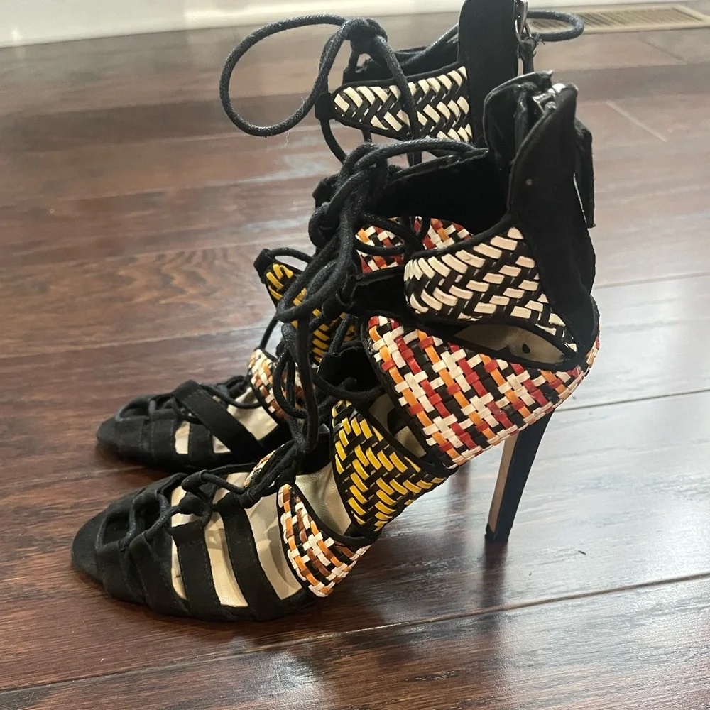 ZARA Women Lace Up Heels Black Aztec Woven Stilettos Sandals Size 36 /5.5